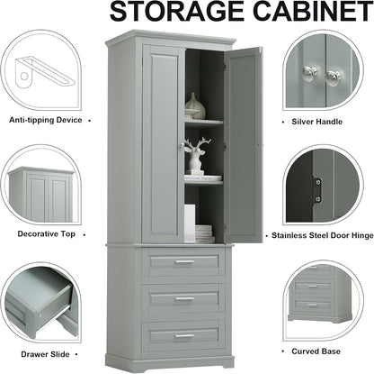 Merax 70" Pantry Cabinet with Two Doors & Three Drawer, Adjustable Shelves Storage Cupboard for Kitchen/Dining Room/Bathroom, Gray