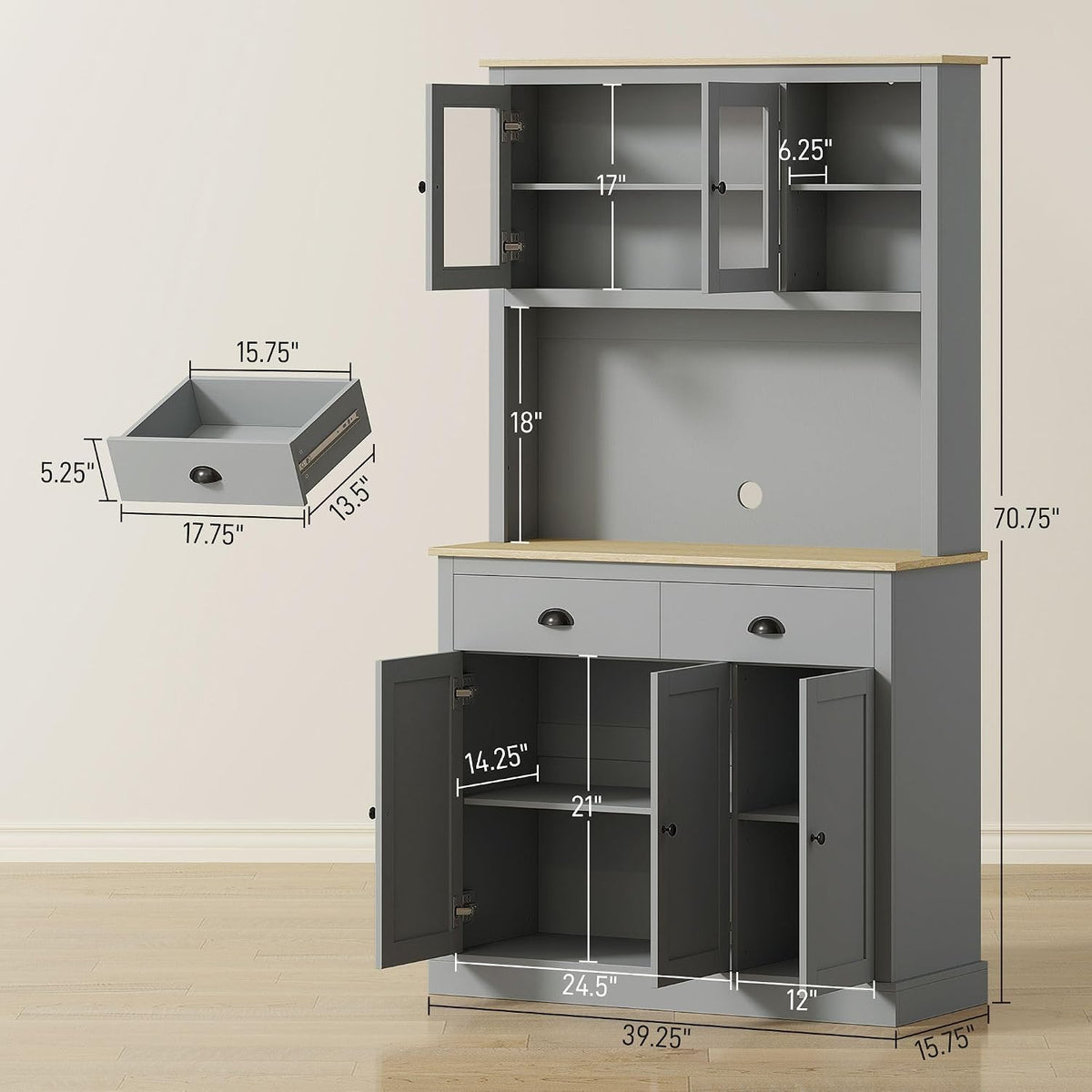 71-inch Height Kitchen Pantry, freestanding with Reversible Adjustable Shelves Three Heights, Wide countertop Cable Access, Gray and Yellow Oak Finish