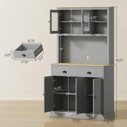 71-inch Height Kitchen Pantry, freestanding with Reversible Adjustable Shelves Three Heights, Wide countertop Cable Access, Gray and Yellow Oak Finish