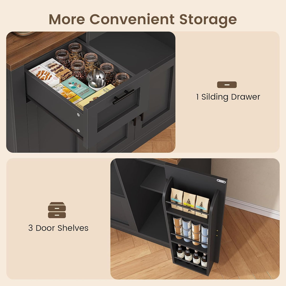 Itaar 71" Pantry Cabinet with Charging Station and LED Light, Kitchen Pantry Cabinet with Microwave Stand, 47.2" Wide Kitchen Storage Cabinets with Storage Cart 3 Tier for Dining Room, Black