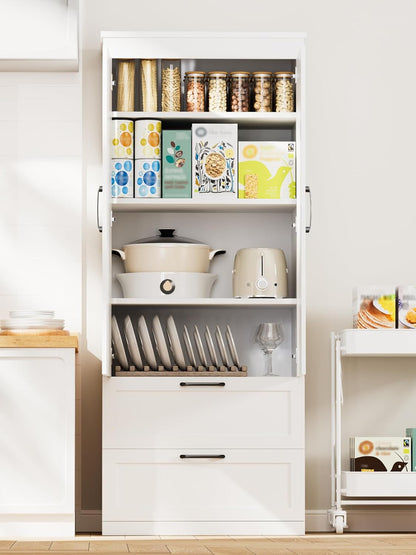 71” H Kitchen Pantry Cabinet, 4-Tier Farmhouse Storage Cabinet with Barn Doors, 2 Drawers, Adjustable Shelf, Freestanding Cupboard for Kitchen, Bathroom, Living Room (White)