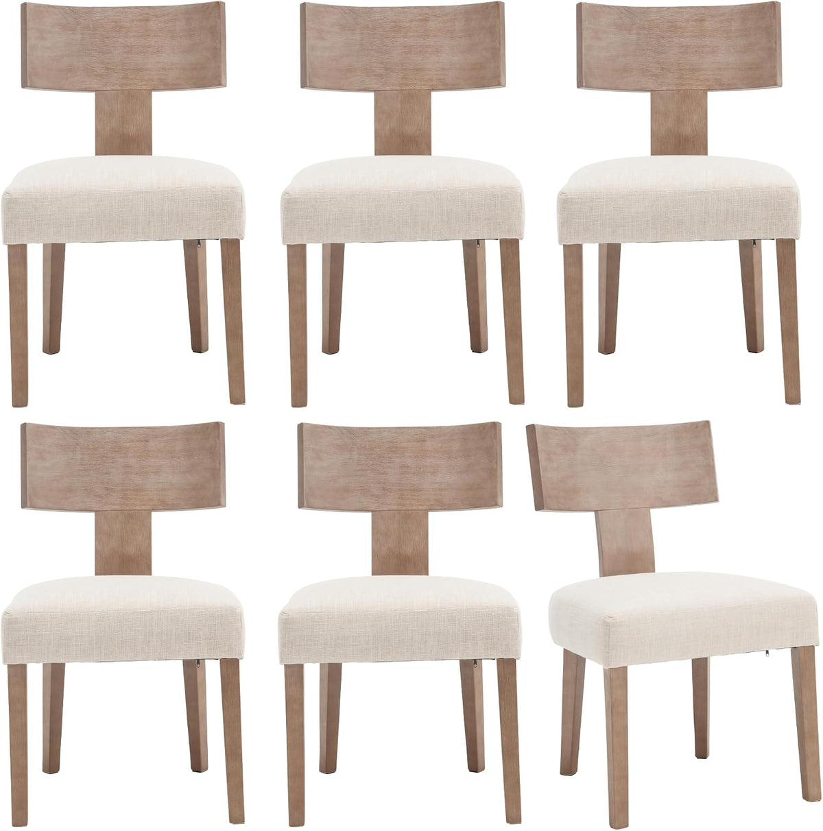 Farmhouse Dining Chairs Set of 6, Mid Century Modern Kitchen Chair Upholstered Natural Color Wooden Chairs with T-Shape Back, Armless Comfy Accent Chairs, Linen Beige