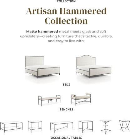 24/7 Shop at Home Lalia Upholstered 48-inch Metal Bench with Padded Roll Arms, Beige Fabric Seat, Hammered Forged Steel Frame, Modern Bedroom or Entryway, Matte Gold