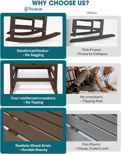 THOEOE Outdoor Rocking Chairs Set of 2, Oversized Patio Rocking Chair | HDPE Outdoor Rockers for Front Porch, Patio, Backyard, Balcony and Garden. All-Weather High Back Design, Brown