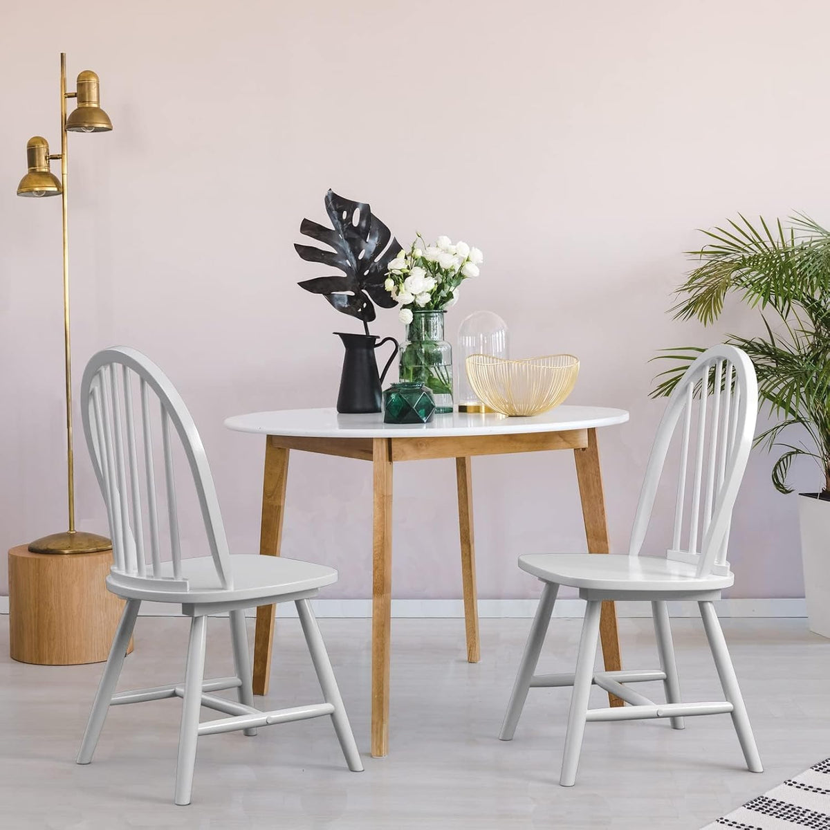 COSTWAY Windsor Dining Chairs Set of 2, Mid-Century Modern Wood Chairs w/Spindle Back & Reinforced H-Shaped Legs, Farmhouse Armless Kitchen Chair for Living Dining Room, Restaurant (White)