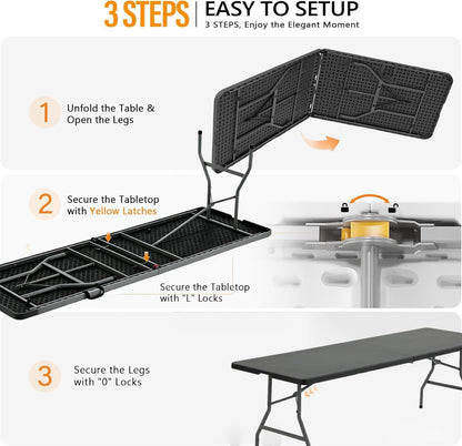 8FT Heavy Duty Folding Table,Fold-in-Half Portable Plastic Utility Table with Carry Handle&Locking Legs,Indoor Outdoor Table for Party,Tailgate,BBQ,Camping,Events,Backyard Dining–Black