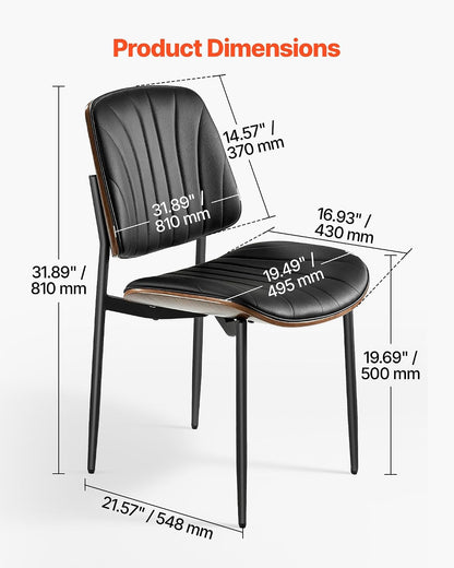 VEVOR Modern Dining Room Accent Chairs Set of 2, Upholstered Leather Side Chair for Dining Room, Space-Saving Kitchen Living Room Chair with Thick Cushions and Metal Legs, Black