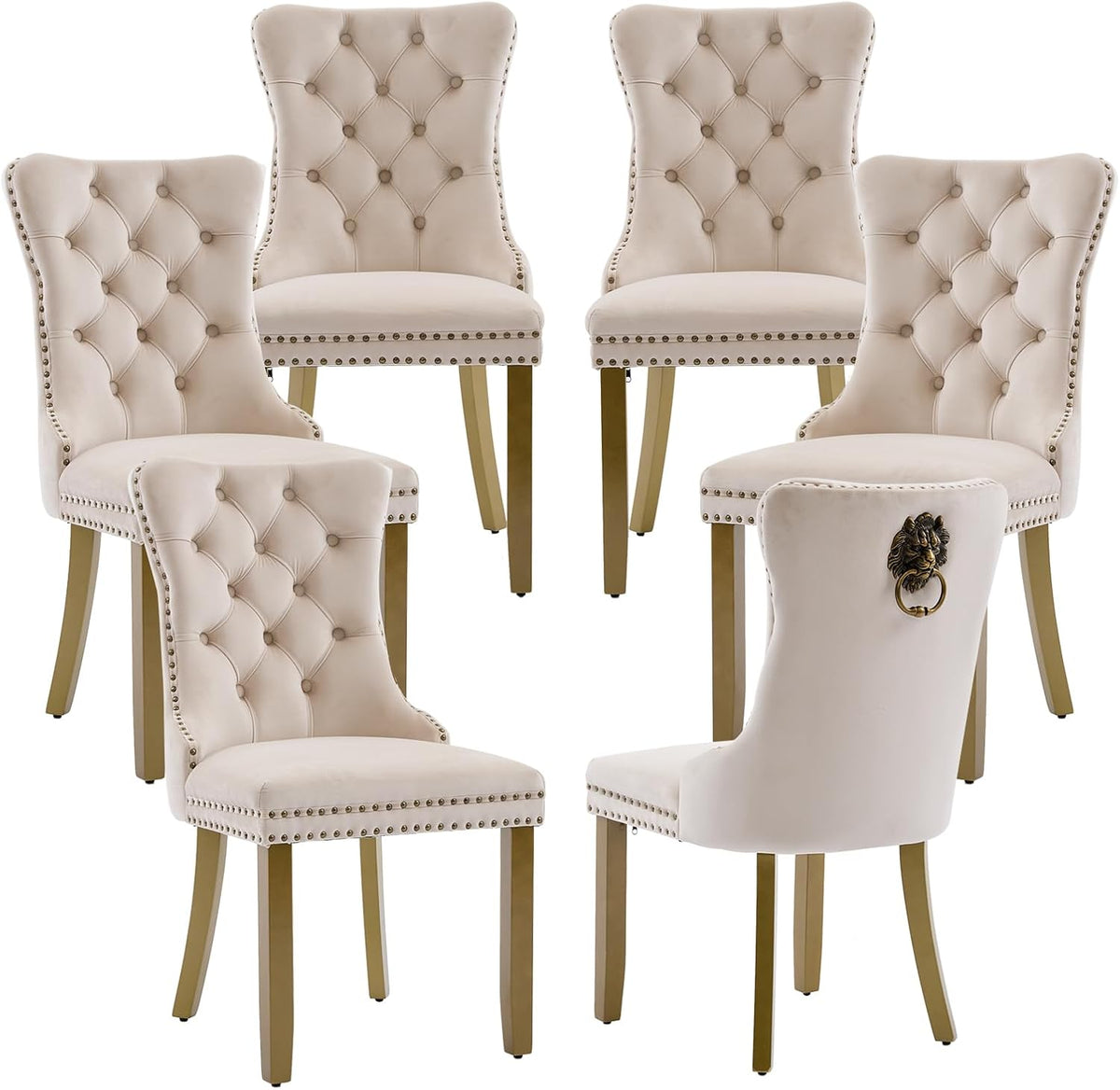 LKTART Dining Chairs Set of 6 Mid-Century Modern Chairs with Lion Head Pull Ring, Velvet Upholstered Dining Chair with Golden Wooden Legs Nailhead Trim for Kitchen Bedroom Dining Room (Beige)
