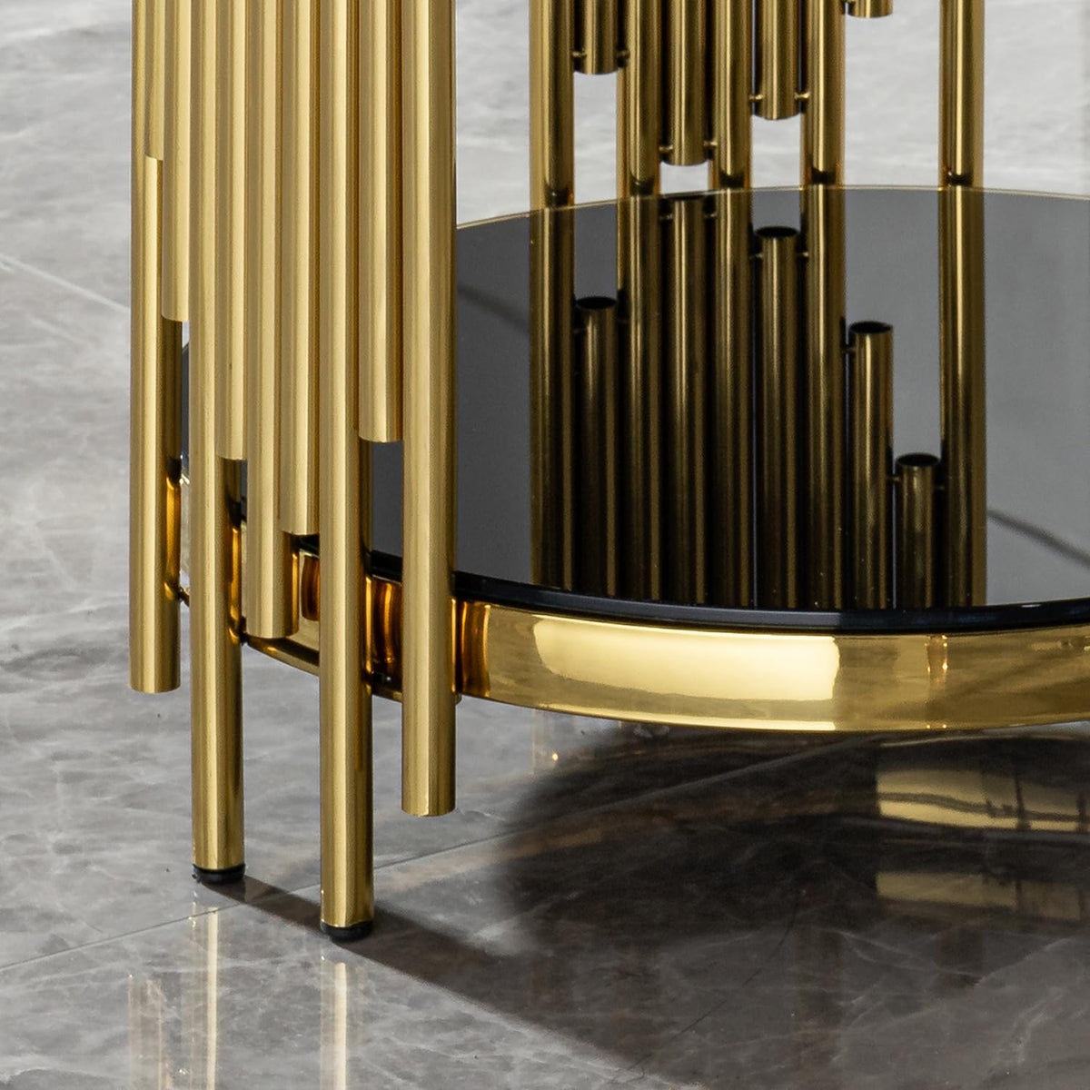 17.72" Round Sofa Side Table, 2-Tier Black Tempered Glass End Table with Gold Stainless Steel Frame for Living Room, Office & Café
