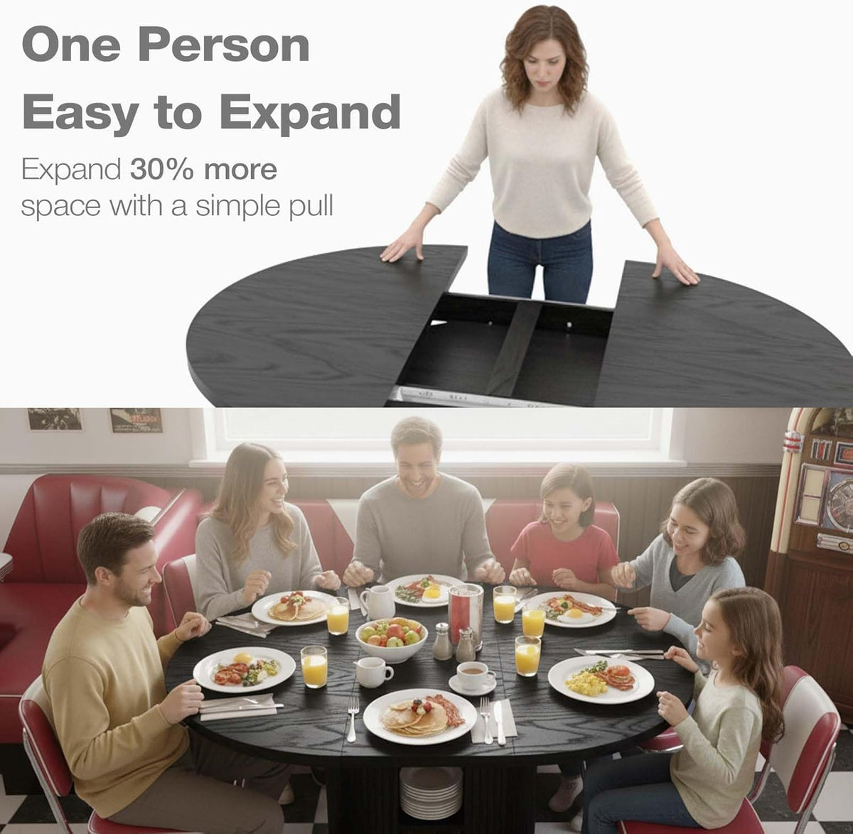 43.3''–59'' Extendable Round Dining Table for 4–8, Modern Wood Oval Kitchen Table with Storage Shelf, Space-Saving Expandable Circle Dinner Table for Dining Room or Living Room (Black)