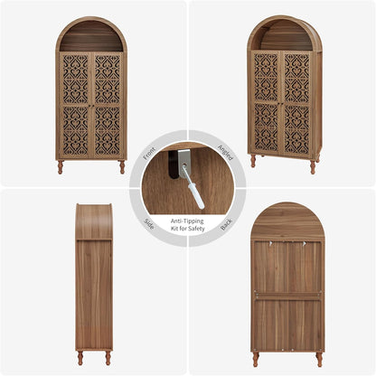 70" Tall Arched Kitchen Pantry with 5-Tier Storage Space, Boho Storage Cabinet with Hollow Carved Door, Modern Farmhouse Versatile Cupboard for Kitchen, Dining Room, Living Room, Walnut, 1 PCS