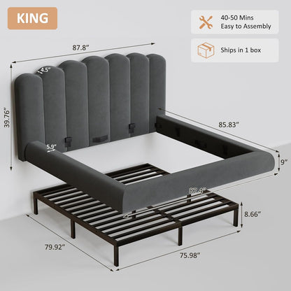 King Size Cloud Bed Frame with Headboard, Upholstered Platform Bed with Velvet Finish, Sturdy Metal Slat Support, Noise-Free, No Box Spring Needed, Grey