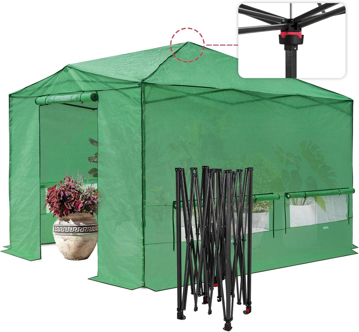 EAGLE PEAK Instant Pop-up Greenhouse, Indoor Outdoor Plant Gardening Green House, Roll-Up Zipper Doors and Side Windows, Walk in 12x8 ft, Green/Clear