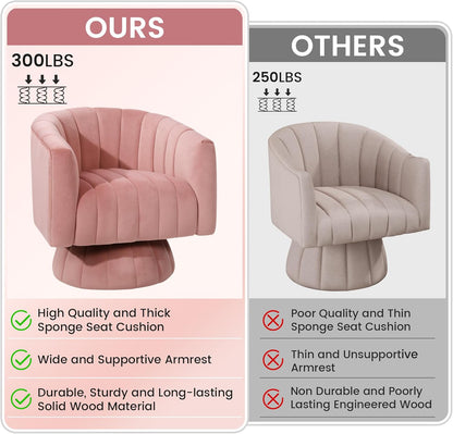 Kromax Swivel Accent Chair, Mid Century 360 Degree Barrel Chair with Armrest, Overstuffed Tufted Velvet, Ideal for Living Room, Bedroom, Reading Room, Light Pink