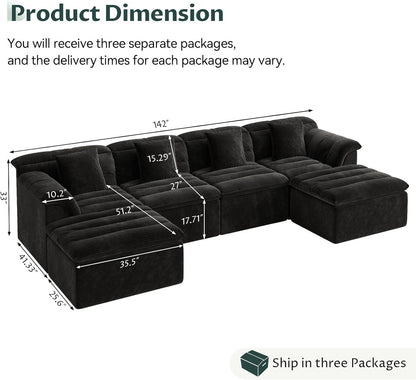 142" Modular Cloud Sectional Couch with Ottoman, Modern Upholstered Compressed Sofa with Deep Seat, Comfy U-Shape Corduroy Couches for Living Room, No Assembly Required, Black