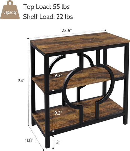 End Table, Narrow Side Table with 3-Tier Storage Shelves, Wood Sofa Side Table with Geometric Metal Frame for Living Room, Industrial Bedside Nightstand for Bedroom (1, Brown)