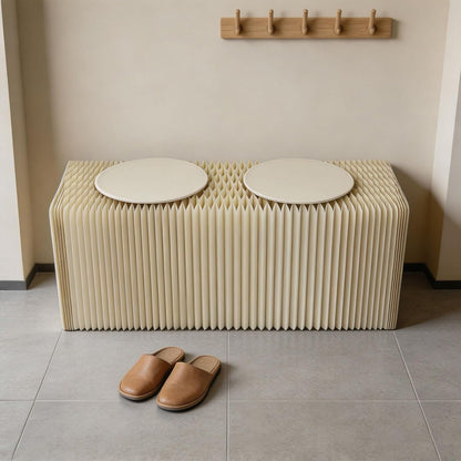 Foldable Paper Stool with 2 PU Cushion, 3.9ft Accordion Paper Stool Folding Craft Bench, One Seat Can Holds 220lbs, Shoe Change Stool for Home, Office, Exhibition, Shopping Mall
