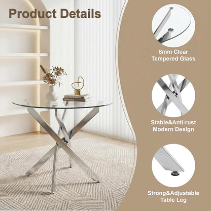35.5 Inch Round Glass Dining Table, Modern Kitchen Table with 8mm Tempered Glass Top Chrome Metal Legs, Small Round Dining Table for 2–4 People Kitchen Dining Room Apartment