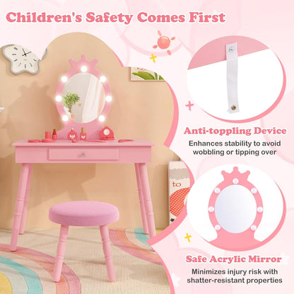HONEY JOY Kids Vanity with Lights, Princess Wooden Makeup Table & Stool with Drawer, 3-Color LED Lights, Toddler Dressing Vanity for Little Girls, Pretend Play Kids Vanity Table and Chair Set (Pink)