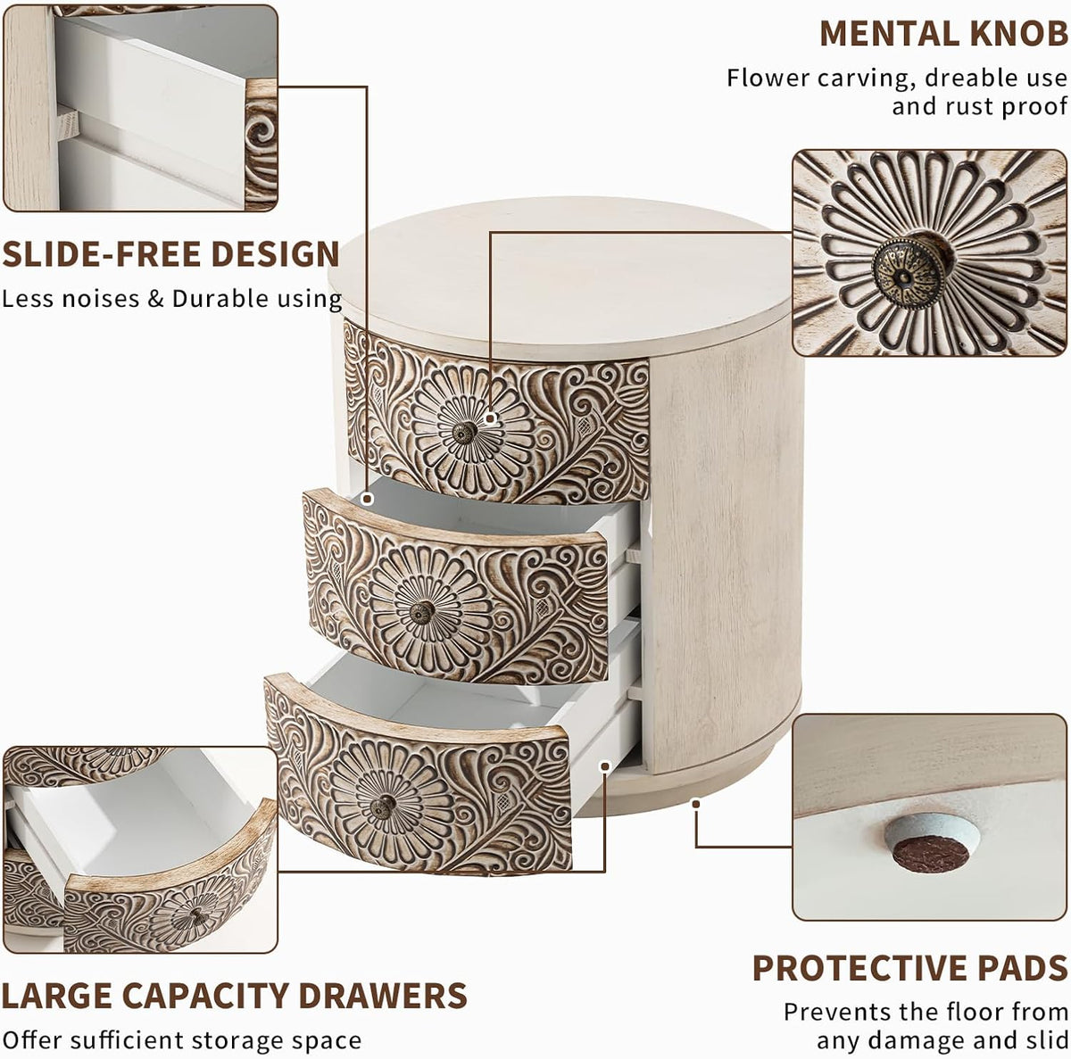 COSIEST Bedside Table Set of 2, Wood Nightstand 3 Drawers, Farmhouse Round End Table with 3 Drawers, Dresser with Drawers for Bedroom, Living Room