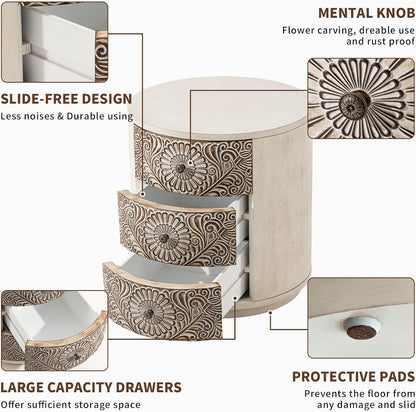 COSIEST Bedside Table Set of 2, Wood Nightstand 3 Drawers, Farmhouse Round End Table with 3 Drawers, Dresser with Drawers for Bedroom, Living Room