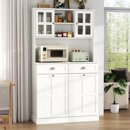 Gyfimoie Kitchen Pantry Cabinet with Double Tilt Out Trash Cabinet, 68" Tall Storage Cabinets with 2 Drawers & Hutch, 20 Gallon Hidden Trash Can Cabinets, Kitchen Cupboard with Microwave Coffee Stand