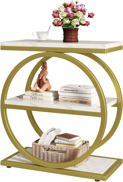 IBUYKE Narrow End Table with 3 Storage Shelves, Industrial Sofa Side Table, Double Round Metal Frames, Slim Nightstand and Bedside Table for Bedroom, Living Room, White with Gold UTMJ418G