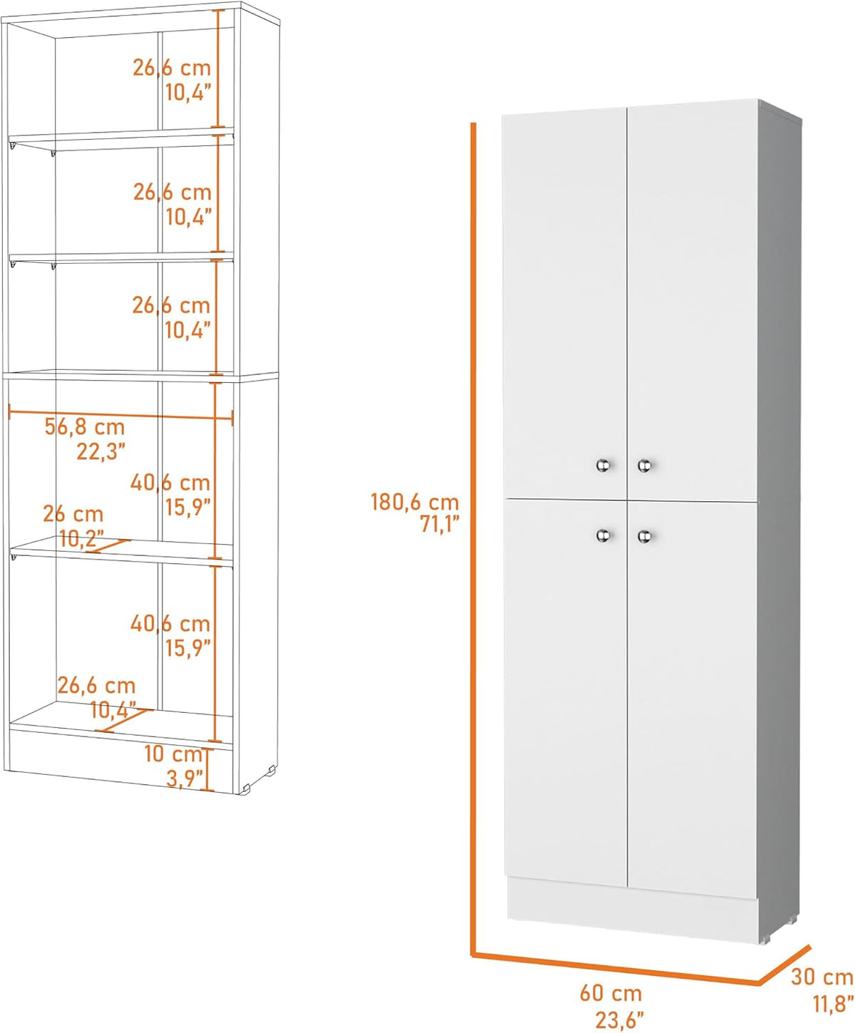 Pantry Cabinet with 4 Doors and 5 Hidden Shelves