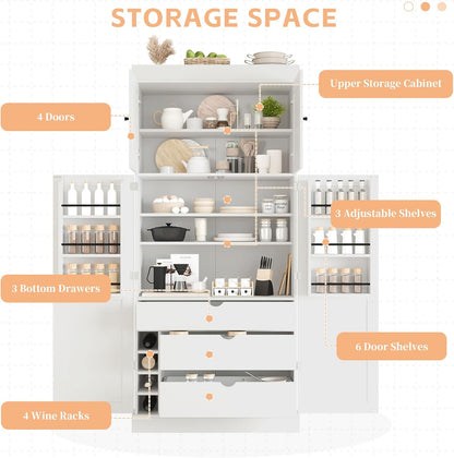 Polibi 77" Tall Freestanding Kitchen Pantry Cabinet, 35" L x 17.7" W Modern Shaker Style Storage Cupboard with Adjustable Shelves, Wine Racks, Drawers, Door Shelves, White
