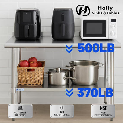 Hally Stainless Steel Table 30 x 48 in, Kitchen Prep Work Table, Backsplash | Gives outdoor cooks or repair teams ample room for gear; lower shelf organizes supplies and raised edge helps contain messes.