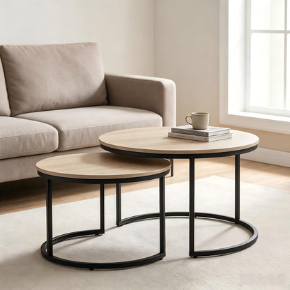 31.5 Inch Round Nesting Coffee Tables Set of 2, Oak‑Tone Stackable Side Tables with Sturdy Metal Legs, Space‑Saving Easy‑Assembly Accent Tables for Living Room