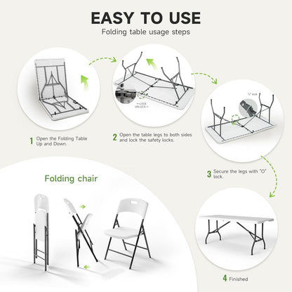 6FT Folding Table Set with 6 Chairs – Heavy-Duty 330 lb Table & 600 lb Chairs, Portable Foldable Furniture Set for Camping, Parties, Indoor & Outdoor Use