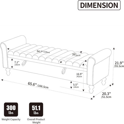 KEIKI 65.6" Modern Upholstered Storage Bench with Double Lids, Ottoman with Storage, Ottoman Bench with Rolled Armrest, Rubberwood Legs, for Bedroom, Living Room, Entryway & Window, Griege