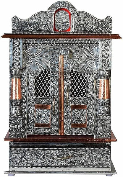 Oxidized Metal Pooja Mandir with Doors and Drawer, Silver, Ganesha Embossed, Traditional Hindu Temple