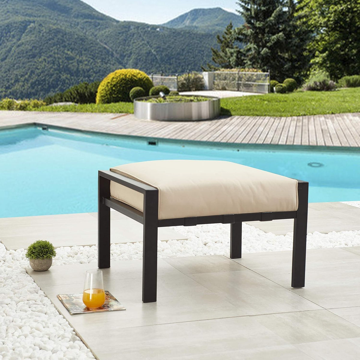 LOKATSE HOME Outdoor Ottoman Patio Footstool Small Seat Furniture with Soft Thick Cushion for Garden Yard Deck Poolside