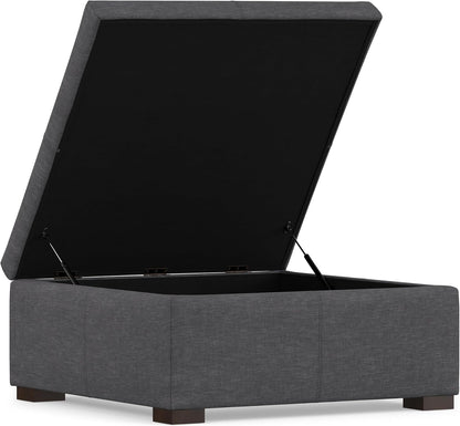 SIMPLIHOME Gabbie 36" Wide Linen Look Fabric Storage Ottoman in Slate Grey | Contemporary ottoman with lift-top storage; rectangle storage bench for living room, bedroom, and entryway.