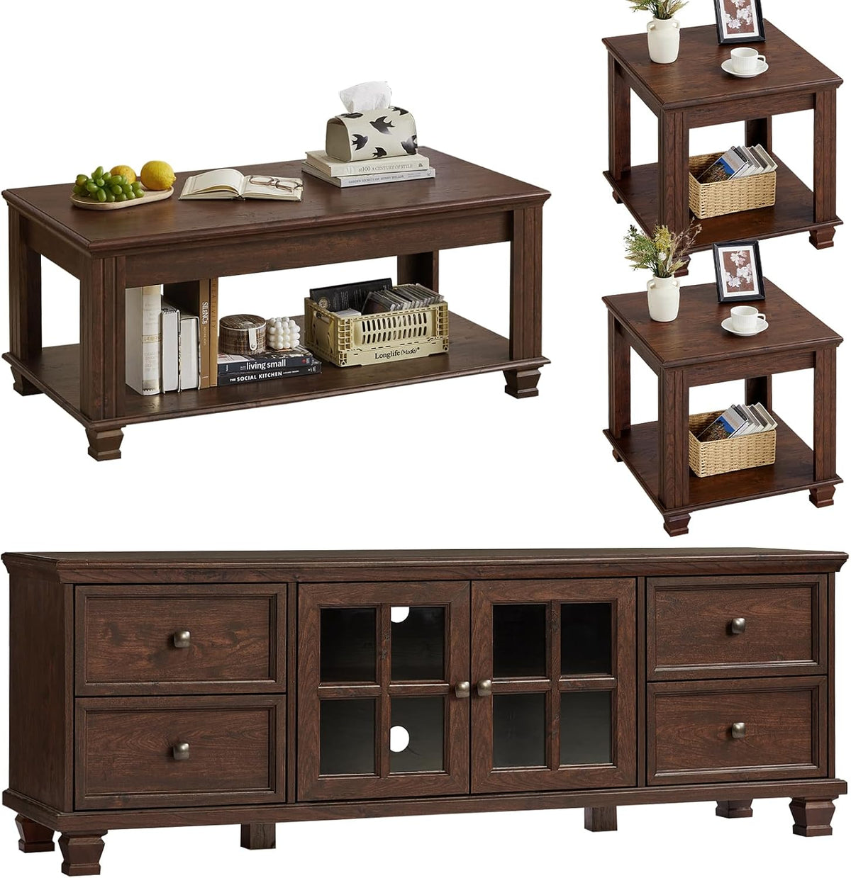SAVOR LIFE Farmhouse TV Stand and Coffee Table Set 4 Piece, Walnut | Living Room Table Set with Drawer & Open Shelving & Thick Tabletop & Square Wooden Legs