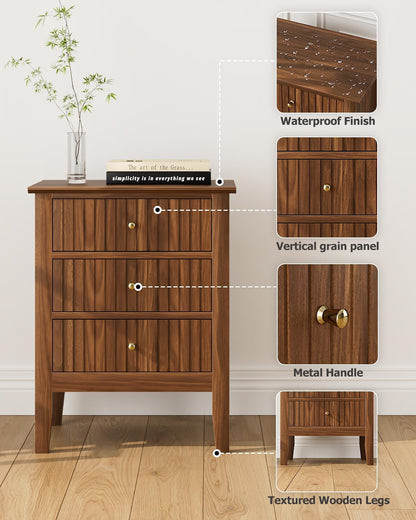 Night Stand, Fluted Nightstand Bedside Tall Farmhouse Nightstand with 3 Drawers, Mid Century Modern Side Accent Table,Bedside End Table for Bedroom, Living Room, Walnut