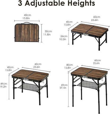 Folding TV Dinner Tray Table, Adjustable Height Sofa Snack Table | Portable Table with Storage Net, Lightweight Aluminum Couch End Table for Living Room, Bedroom, Camping, Patio, Rustic Brown