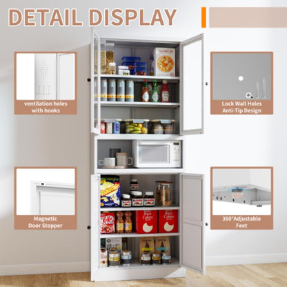 Kitchen Pantry Cabinet,72" White Pantry Storage Cabinet with Adjustable Shelves and Glass Doors,Freestanding Cupboard,Metal Pantry Cabinets with Handle for Living Room Kitchen Assembly Required