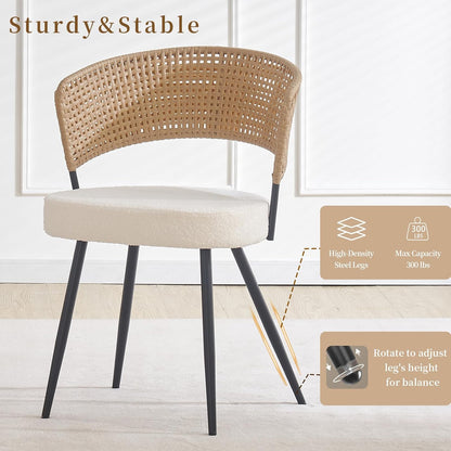 Rattan Dining Chairs Set of 4,Farmhouse Upholstered Teddy Cushion with PE Cane Round Back Kitchen Chair,Mid Century Modern Dining Room Chair with Black Metal for Kitchen,White