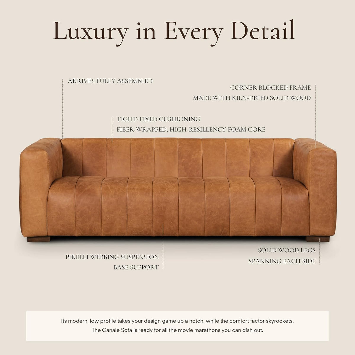 POLY & BARK Canale Sofa – 86" Channel-Tufted Italian Leather Couch – Cognac Tan Full-Grain Pure-Aniline or Semi-Aniline Leather, Solid Wood Frame & Legs