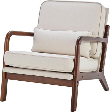 DUMOS Mid Century Modern Accent Chair, 16'' Seat Height Cozy Lounge Chair | Upholstered Armchair with Waist Cushion and Wood Frame for Living Room, Bedroom, Reading Nook, Home Corner, Balcony, Beige