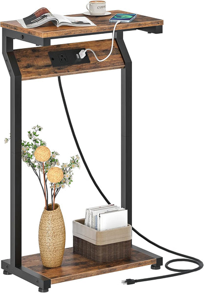 CHOEZON Narrow Side Table with Charging Station, 27" Skinny End Table for Small Spaces, Couch Table with Storage, Slim Tray Table with USB Ports, for Living Room, Bedroom, Rustic Brown TBZ27UBF
