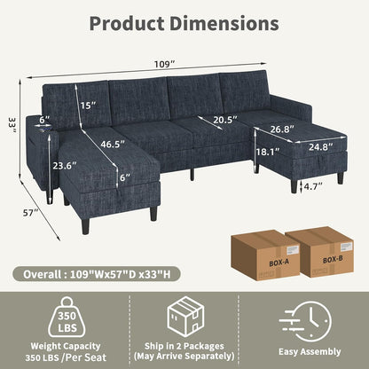 Sectional Couches for Living Room, 6-Seats Soft Linen Fabric Sectional Sofa with Storage Ottoman, Modern Convertible U/L Shaped Couch with Smart Charging Module/LED Light/Music Sync (Blue)