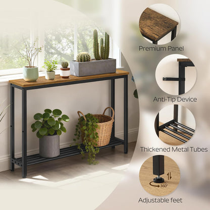 YATINEY Narrow Console Table, 2-Tier Small Sofa Table, 39.4" Thin Entryway Behind Couch Table with Shelves, Industrial Hallway Table, for Living Room, Foyer, Rustic Brown and Black CT25BR