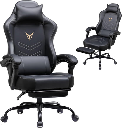 GTPLAYER Gaming Chair, Office Chair High Back Computer Chair with Foot Rest for Adults, Leather Desk Chair Executive Ergonomic Height Adjustable with Headrest and Lumbar Support, 300lbs Black