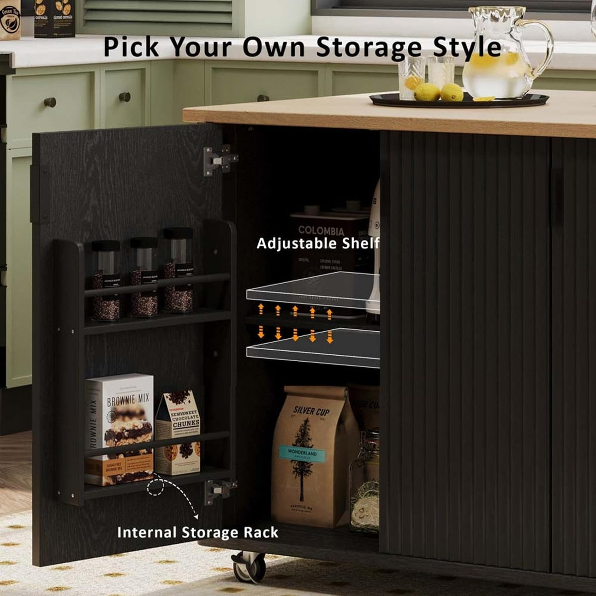 Narrow Kitchen Island with Drop Leaf with Storage and Dining Table, Stationary Kitchen Storage Islands with Wheels Towel Rack， for Kitchen, Dining Room, Black