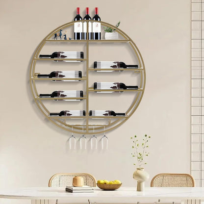 Wall Mounted Wine Rack with Glass Holder, Gold Metal Bottle Holder Round Wine Storage Display Rack for Restaurants Bar Dining Room Kitchen