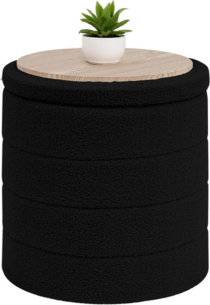 B FSOBEIIALEO Folding Storage Ottoman, Round Sherpa Ottomans, Black | 16.9" Foldable Ottoman With Tray, Boucle Foot Stool, Small Storage Coffee Table for Living Room, Bedroom, Hallway